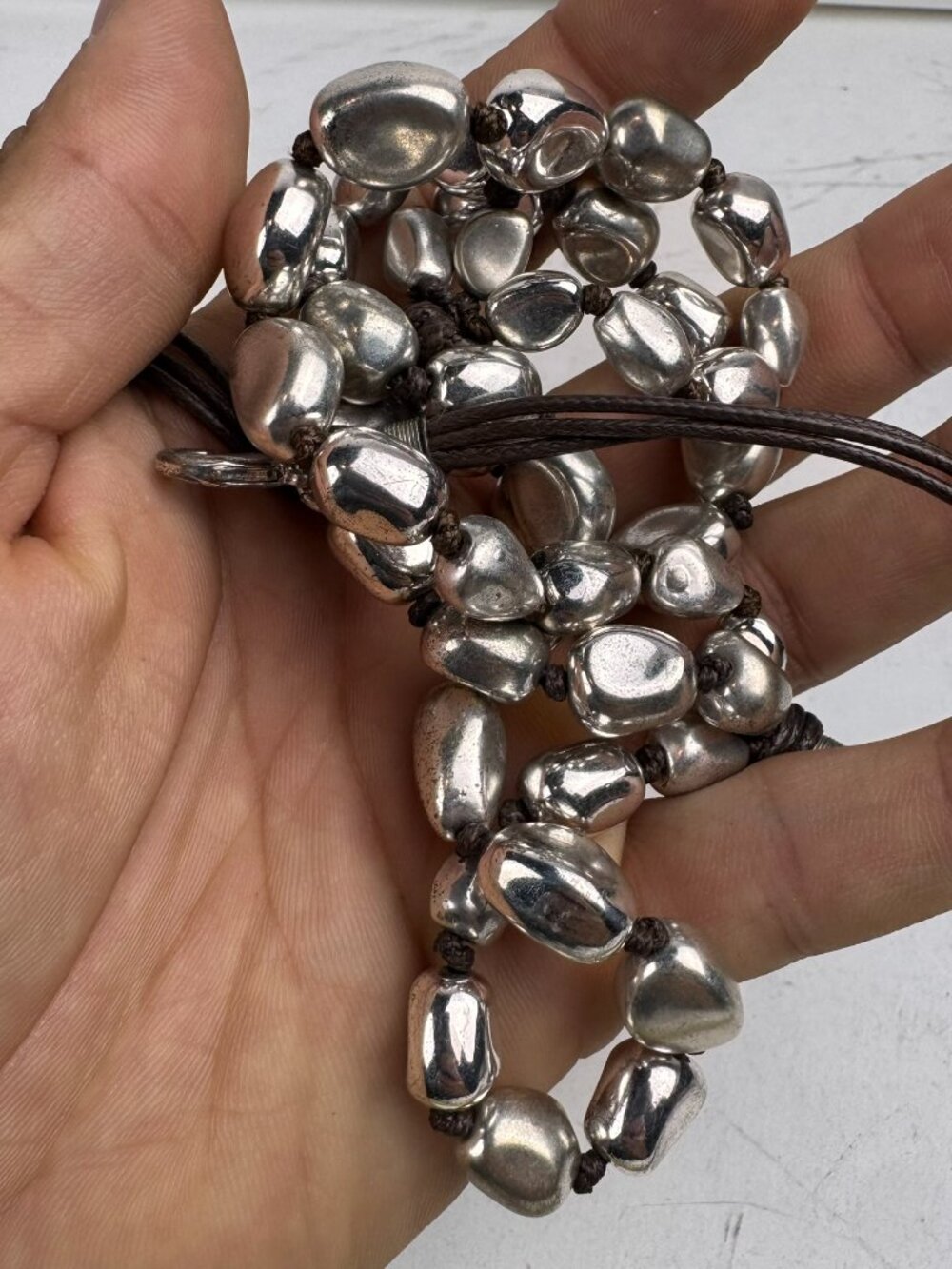 Chunky Silver Nugget Pebble Beaded Cord Necklace Artisan Boho Knotted Strand
